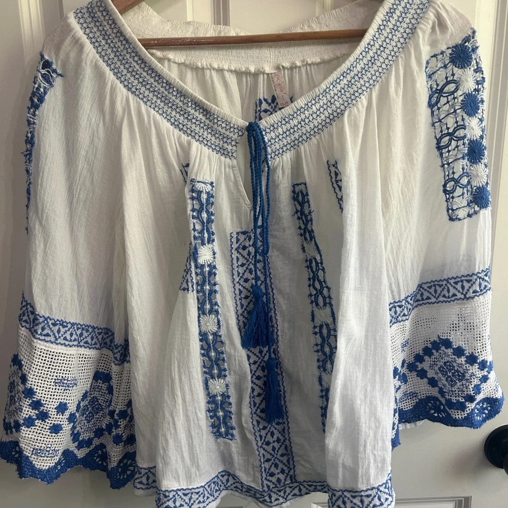 Free People White and Blue Embroidered Blouse - Picture 3 of 12